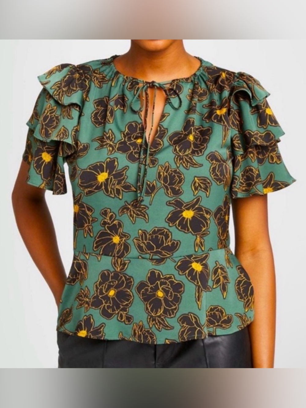 Who What Wear Royal Blooms Ruffle Sleeve Peplum Blouse Green Floral Print Large